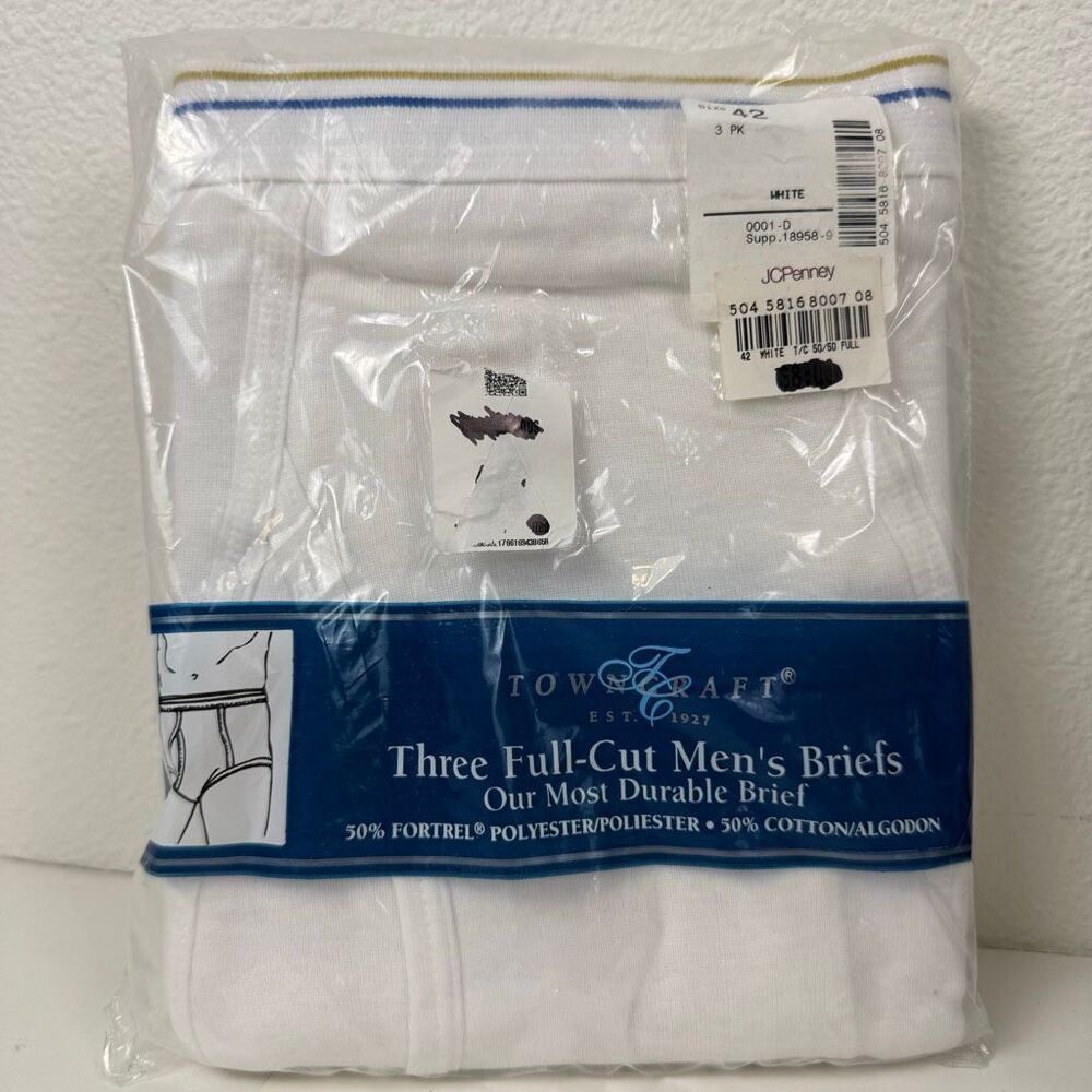 Vintage Towncraft 3 Pack Men’s Full-Cut Briefs White Size 42 NWT